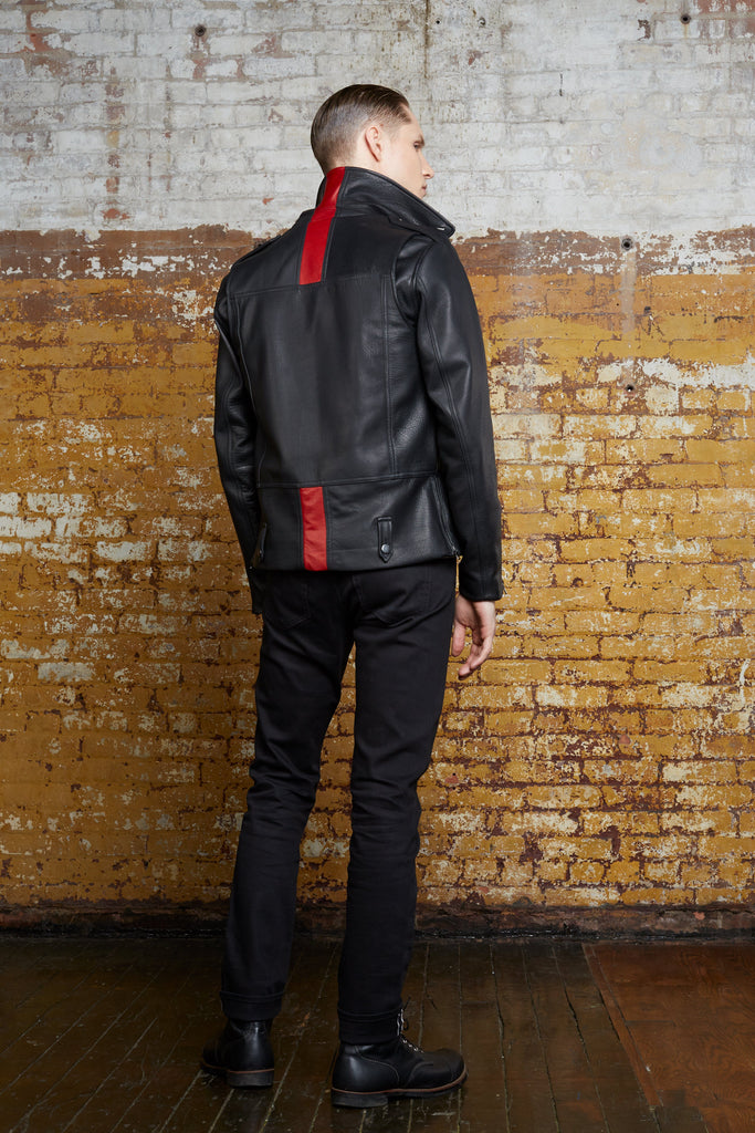 Odd Natives, The 'Rebel' leather moto jacket is made of black calf leather and red lambskin leather imported from Italy and made in New York City.  Gunmetal hardware.  Mens plus size leather jacket available. Complementary shipping available. 