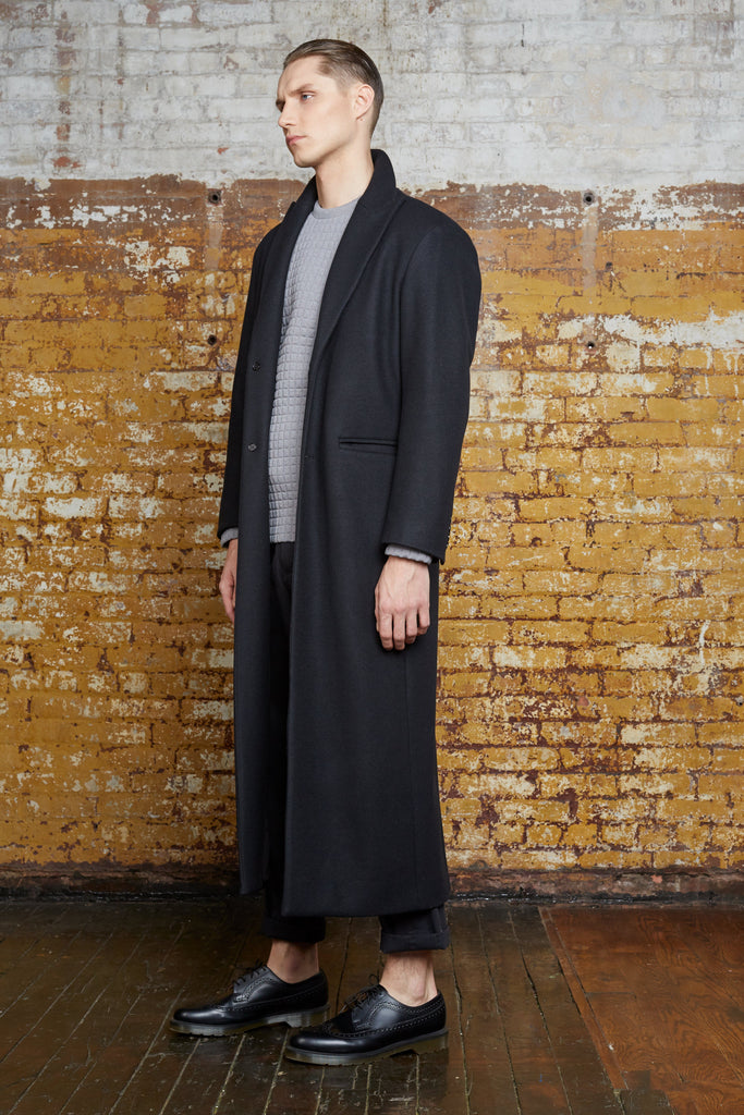 Odd Natives, The 'Bedford' overcoat is made of black double-faced Italian wool imported from Italy, with leather detailing down the back of coat.  Fully lined with matte black buttons. Made in New York City.  Complimentary Shipping. 