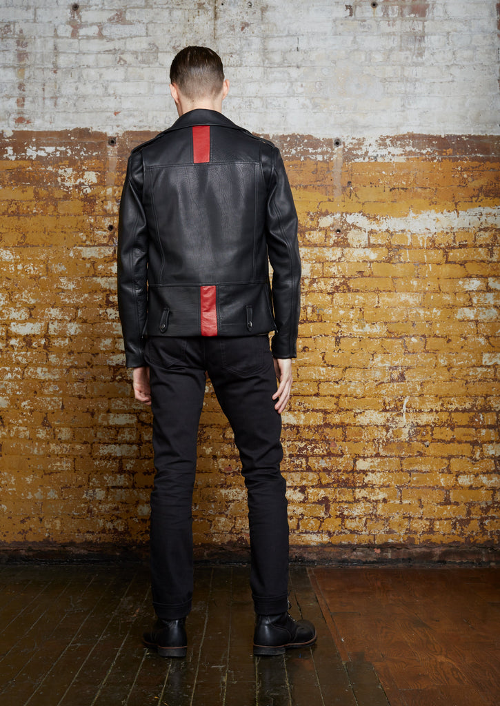 Odd Natives, The 'Rebel' leather moto jacket is made of black calf leather and red lambskin leather imported from Italy and made in New York City.  Gunmetal hardware.  Mens plus size leather jacket available. Complementary shipping available. 